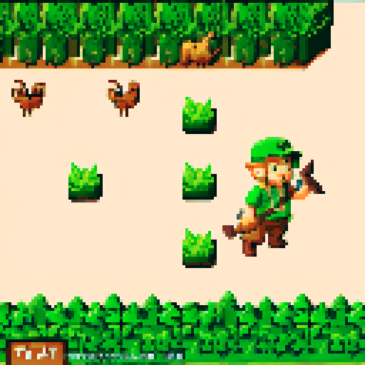 archaeologist with rugged explorer attire, wielding a trowel as big as a sword, surrounded by lush greenery, a pixelated forest, vibrant wild animals, reminiscent of NES Zelda, NES color pallete