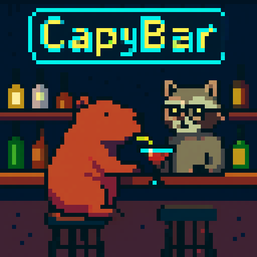 Создай пиксель-арт. Сцена: Капибара на барном стуле пьёт коктейль через трубочку. За стойкой: енот-бармен в очках. На фоне: полки с бутылками, неоновая вывеска "CapyBar" (бирюзовый свет). Стиль: чёткие пиксели (no anti-aliasing), плоские цвета.