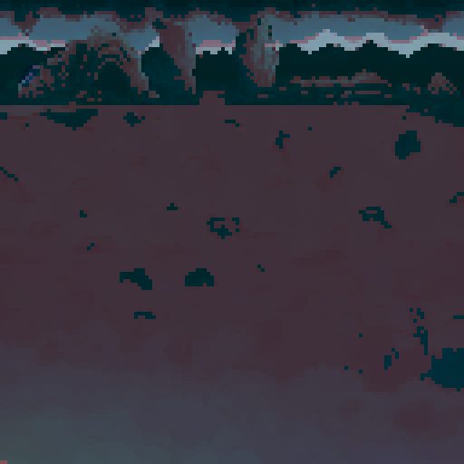 Dark cavernous setting with a rocky, uneven ground scattered with small stones. The background features shadowy pillars and a large cave opening, framed by jagged rock formations and a hazy, muted purple horizon. The dim lighting and deep gray tones create a foreboding and mysterious atmosphere.