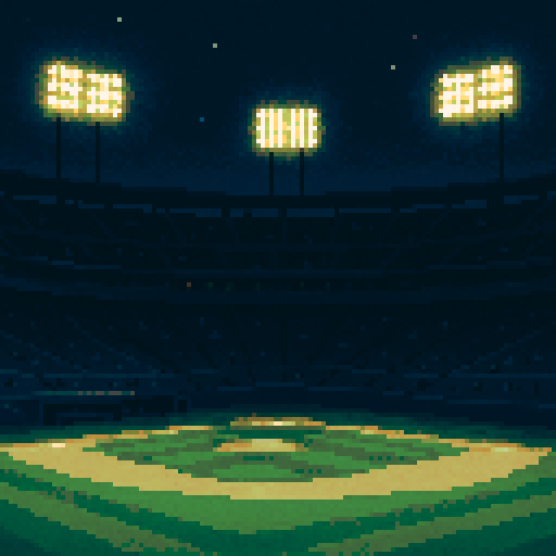 Pixel art of a quiet baseball stadium under the lights at night. The field is pristine, but the stands are mostly empty—just a few scattered silhouettes of fans. The bright glow of stadium lights contrasts against a deep navy-blue sky with hints of stars. The team dugout is dark and waiting. Use rich blues, pale greens for the field, and white/yellow stadium lights that halo softly.