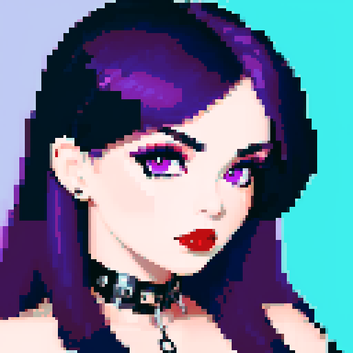 thicc, busty goth girl, long purple hair, eyeliner, red lipstick, nude breast, spiked collar, up close face portrait, nude pixel art portrait, pixel art, vibrant sRGB