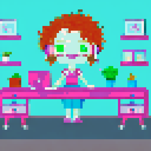 cute, curly redhead with green eyes, smiling, cleavage, head phones, pink and black dress, sitting at gaming desk, detailed pixel art, wide shot, in a room with plants and stuffed animals behind her, paintings on the wall, sRGB
