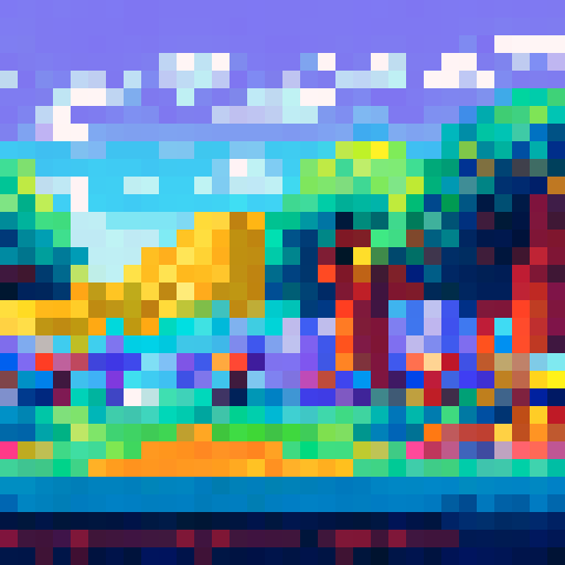 pixel art landscape with tall, vibrant trees, whimsical mushrooms, cozy houses, and colorful flowers