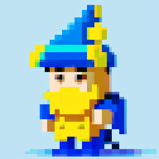 Create a pixel art character of a whimsical wizard. The wizard should wear a blue robe covered with yellow stars and a matching pointy hat. He should have a playful grin