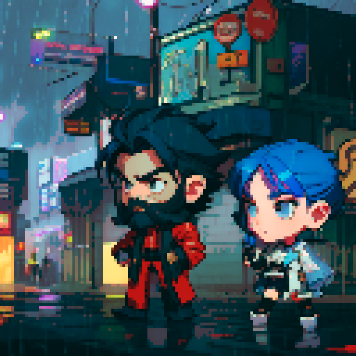 blue haired 90s pop girl on the right is smoking a cigarette, and the man on the left with black hair is holding a gun, night time rainy oldtime villag, grim