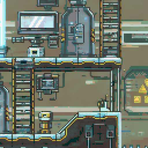 run-down, apocalyptic atmosphere, pixel art, inside of a Futuristic robot factory, sRGB, pixel art, background, landscape, dilapidated machinery, sparks flying, smog-filled air, towering metal structures, cracked concrete floors, flickering neon lights, rusted conveyor belts, broken windows, shattered glass, discarded robot parts, overgrown vines, eerie shadows, abandoned control panels