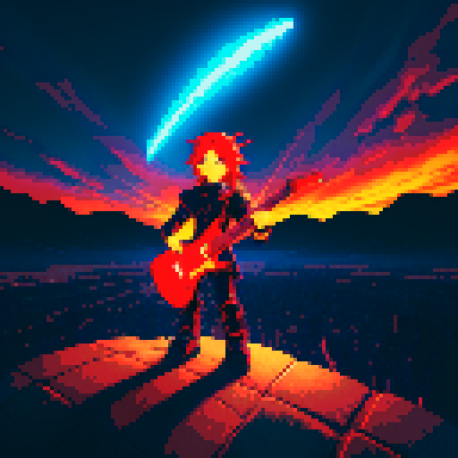 rock guitarist, dragon rider, fiery sky, futuristic city, guitar sword, pixel art, sRGB