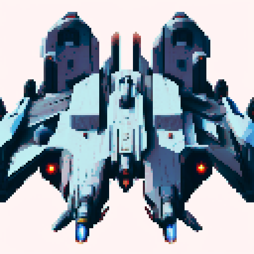 space battleship, sleek and angular, glowing blue propulsion engines, futuristic design, metallic hull with rivets, pixelated details, vibrant colors, starry background, shooting laser beams, intense action, dynamic composition