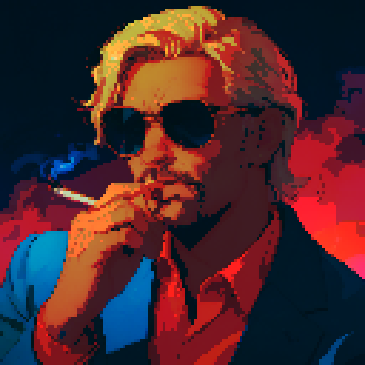 man smoking, retro 8-bit pixel art, vibrant colors, thick black outlines, detailed facial expression, swirling smoke, wisps of gray, glowing cigarette tip, puffs of smoke forming shapes, stylized background, neon lights