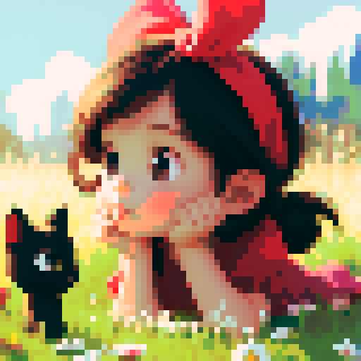 little cute girl lies on the grass and looks at the kitten