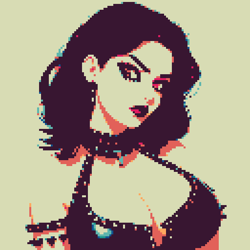 curvy, busty goth girls face, whole head portrait, black hair, purple eyeshadow, red lipstick, low black studded leather halter top, studded collar, vibrant srgb colors, edgy aesthetic