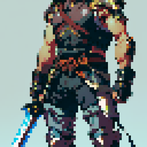 male, athletic and muscular fuzzy hair, wearing light armor that offers some protection rendered in a 64x64 pixel full body sideview style