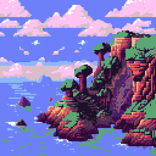 ocean, towering cliffside, person sitting on cliffside, pixelated background, vibrant sRGB colors, detailed pixel art landscape