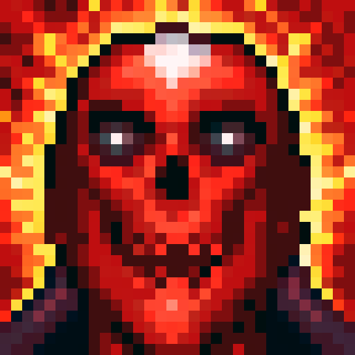 A person with skull mask wearing red suit. Pixel portrait.
