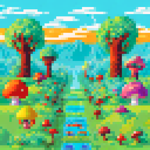 pixel art landscape aerial view with tall, vibrant trees, whimsical mushrooms, cozy houses, and colorful flowers

