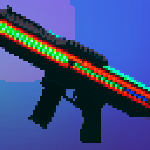 Rainbow colored, pixelated assault rifle with glowing neon sights and a sleek, futuristic design