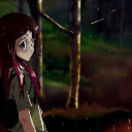 "Melancholic anime girl, clutching a rifle, stands poised in front of sparse cover amidst a cluster of leafless trees, with snowflakes falling gently around her."