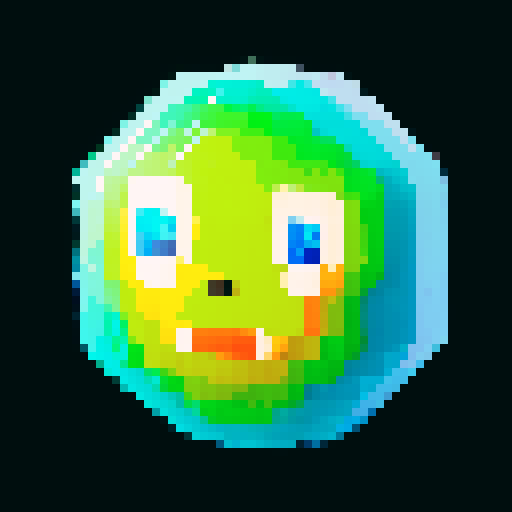 A sparkling, semi-transparent slime with a crystalline structure. It has shimmering facets, bright eyes, and a cheerful smile, with light reflecting inside. No background.
