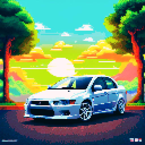 Photorealistic whole Mitsubishi Lancer, three-quarter view, right front wheel, clean background, sRGB colors, pixel art style

