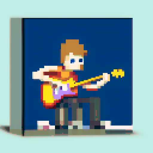 hacker boy with electric guitar in a rainy day, pixel art