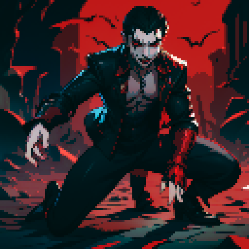 blood splatter, vampire attack, dynamic, vampire claws, vampire fangs, blood, full-body image, male, male vampire, man, full-body