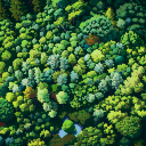 pine forest, pixel art, sRGB, vibrant colors, tall trees, dense foliage, dappled sunlight, moss-covered ground, winding path, birdsong, tranquil atmosphere, cool breeze, ethereal glow