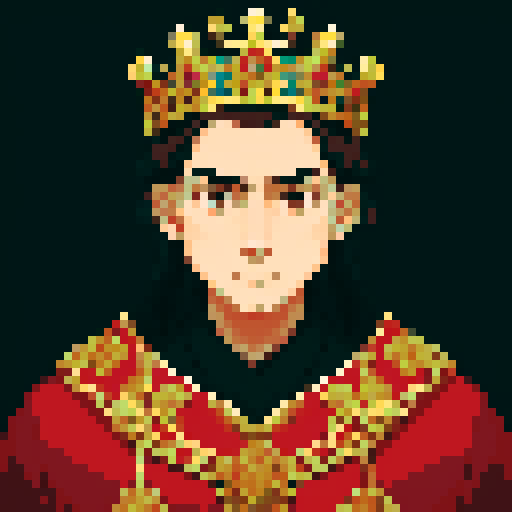 king, regal, crown, majestic, stoic expression, sharp features, royal robe, intricate embroidery, game icon, sRGB, skill art, close up, portrait