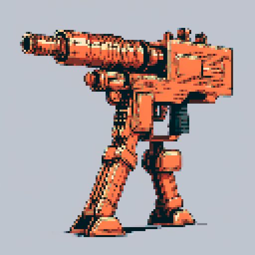 I want a big copper minigun viewed from from the side. It should not be on a stand buy instead floating in the center of the frame. It should have strange mechanical details that could interlock with others. I want this object usable an asset in a videogame, meaning only one object per image, outlined with a strong black stroke, on a solid-color background. 