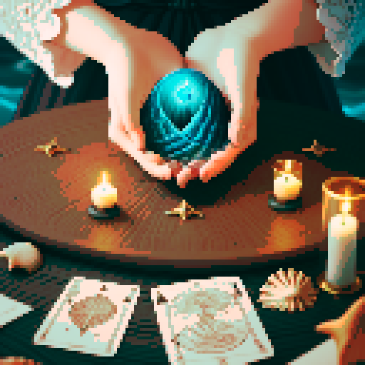 A close-up of a woman's hands over a table during a tarot card reading in a medieval dark style. The table is adorned with elements of the ocean such as sea shells, sand, and small pieces of coral. The atmosphere is mystical and dimly lit, with candlelight casting shadows that enhance the eerie and magical mood. The woman's hands are gracefully poised over the cards, which also have oceanic designs like waves and mermaids. With a dark ambient light.