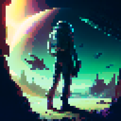 16-bit space smuggler with a laser pistol, wearing a leather jacket and cargo pants, standing on a rocky planet with a starry sky behind them, surrounded by a group of alien bounty hunters armed with futuristic weapons