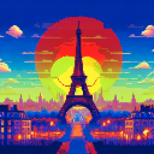 Parisian rooftops at sunset, with warm hues bleeding into the sky and the Eiffel Tower in the distance, all rendered in a nostalgic, pixelated style reminiscent of classic video games