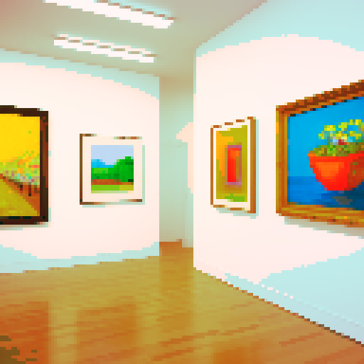 a warm and cozy art gallery with several paintings in view. something akin to the MOMA