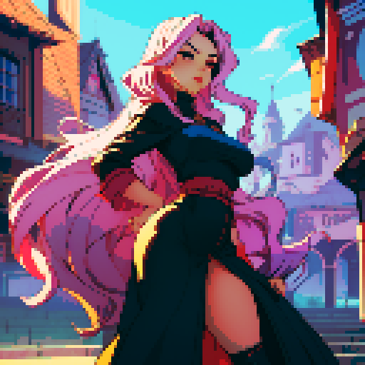 Seductive, curvaceous woman with flowing hair, skillfully pleasuring throbbing member, pixelated sRGB art style