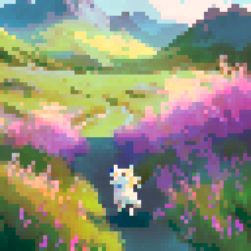 Playful, energetic dog, running through a vibrant, sun-drenched meadow, surrounded by colorful wildflowers, with a majestic mountain range in the background