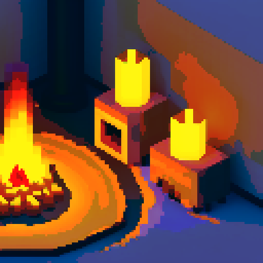 a campfire inside a duneon room, a resting place, closeup