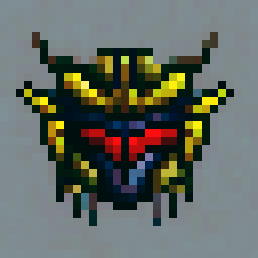 Horned, fiery demon hunter helmet with intricate engravings, glowing red eyes, and smoke billowing from the nostril-like vents, rendered in 32x32 pixel art for use as a game asset