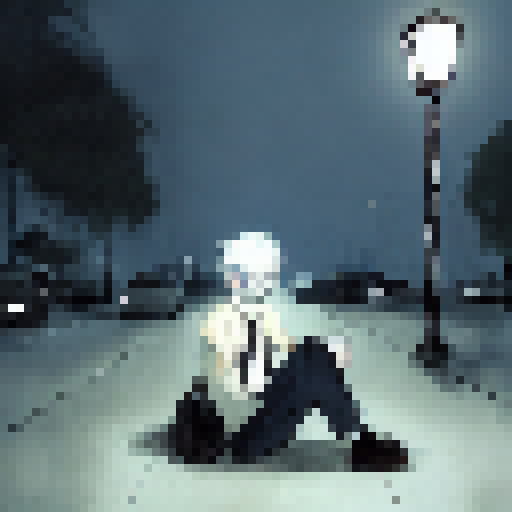 dead land and boy with white glowing eyes sitting on street chair beside a street lamp everything looks sad and everything is dead 