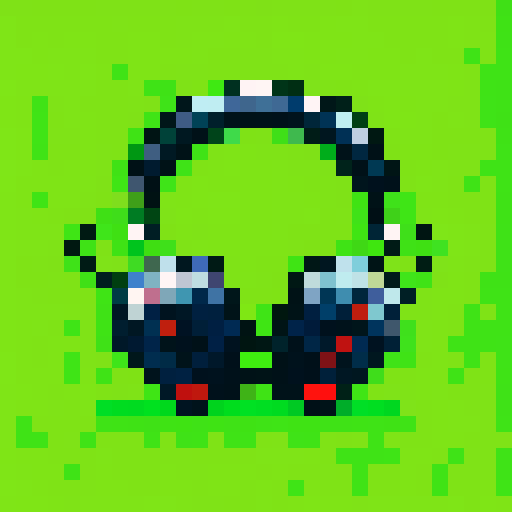 sci fi headphones, lime green background, 1-bit pixel art, game icon, sRGB, pixel art, landscape