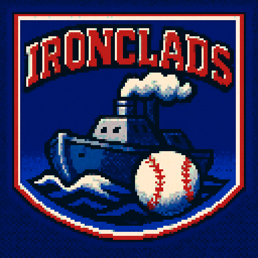 Pixel art of a fictional baseball team called the Ironclads.  Ironclads are civil war era military boats. Dark blue, red and gray, sharp outlines, and soft pixel shading. The logo design mimics 80s MLB logos. Use a vibrant Sega Genesis 16-bit style with selective dithering, geometric forms, and nostalgic retro charm. Avoid modern gradients—keep it pure pixel art.