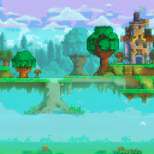 Cozy green clearing, majestic "Bone Castle", beautiful trees, vibrant flowers, sRGB pixel art, warm atmosphere, side view game, terraria style