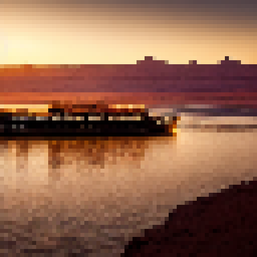 A majestic riverboat sails through the golden light of the Egyptian desert, its bow cutting through the waters of the Nile as the ancient pyramids stand in the background.