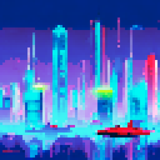 Futuristic, sleek lines of a transparent logo for a battle fleet commander, set against a sprawling, neon-lit metropolis with towering skyscrapers and bustling air traffic, all rendered in vibrant sRGB pixel art