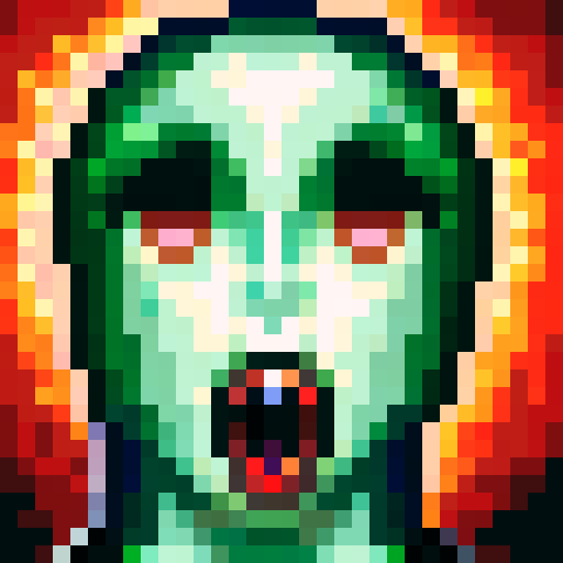 Psychosis, distorted facial features, pixelated details, sRGB palette, close-up shot, skill art, intense gaze, game icon, 32x32 pixel art, close-up portrait