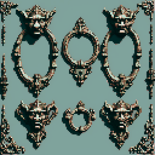 Mechanical pieces from old door knocker and gargoyles. It should be seen as if on a wall, with no perspective, on a solid-color background. There should one be two or three pieces in each frame, it shouldn't be complete.