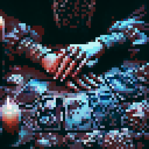 A close-up of a woman's hands over a table during a tarot card reading in a medieval dark style. The table is adorned with elements of the ocean such as sea shells, sand, and small pieces of coral. The atmosphere is mystical and dimly lit, with candlelight casting shadows that enhance the eerie and magical mood. The woman's hands are gracefully poised over the cards, which also have oceanic designs like waves and mermaids.