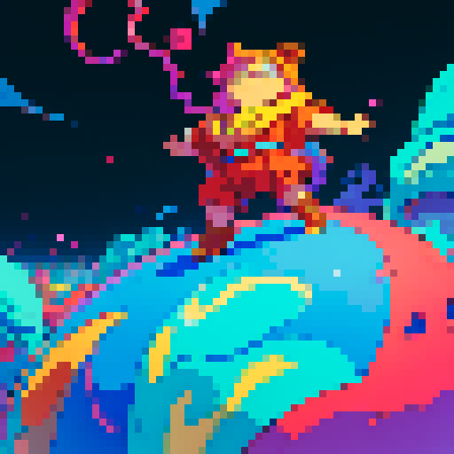 blob-like character, resembling a mitochondria, in vibrant sRGB colors, crafted using pixel art