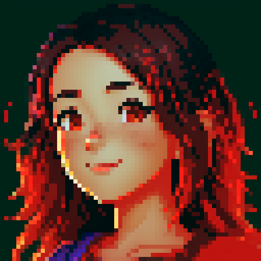 stardew valley-inspired, asian woman, pixel art, sRGB, vibrant colors, rustic backdrop,  dark hair with red streaks, glowing skin, gentle smile, freckles, rosy cheeks