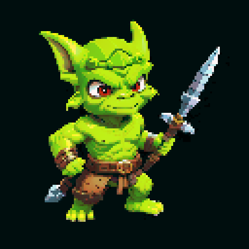 A battle-hardened goblin with scars, gladiator-style armor, and dual weapons. It has a determined expression and a stance ready for combat, showcasing its skills in the arena. No background.
