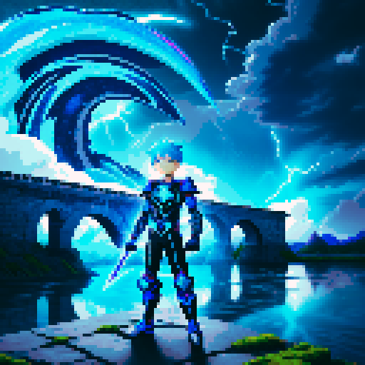 killua zoldyk with electric blue hair, futuristic black and silver armor, crackling lightning sword, moss-covered stone bridge, crystal clear river, swirling stormy sky, pixel art, vibrant sRGB colors