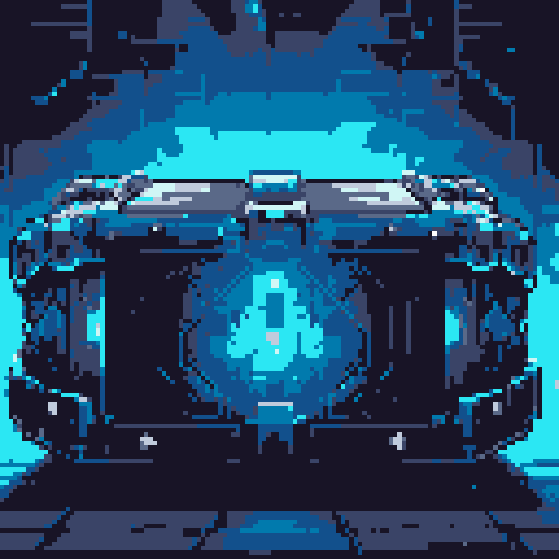 mystery box, stone, metall, shiny, pixel art, sRGB, vibrant colors, glowing lights, intricate patterns
